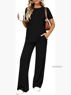 Short Sleeve Crewneck Lounge Set with Wide Leg Pants & Pockets